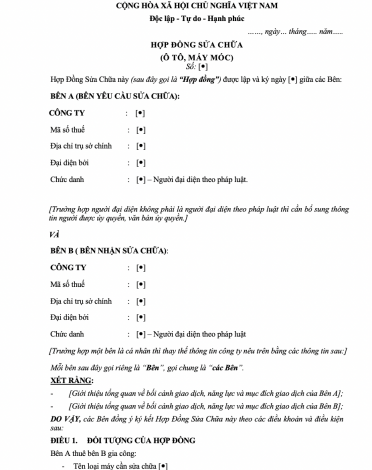 HỢP ĐỒNG SỬA CHỮA
