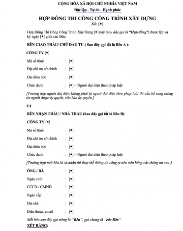 HỢP ĐỒNG THI CÔNG CÔNG TRÌNH XÂY DỰNG
